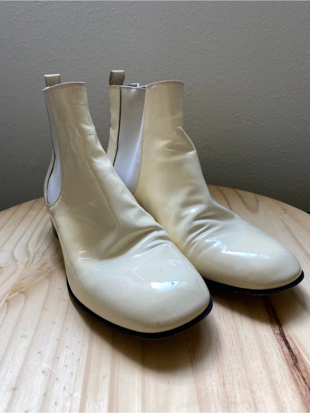 CHANEL Cream Patent Leather Chelsea Booties with Black Block Heel